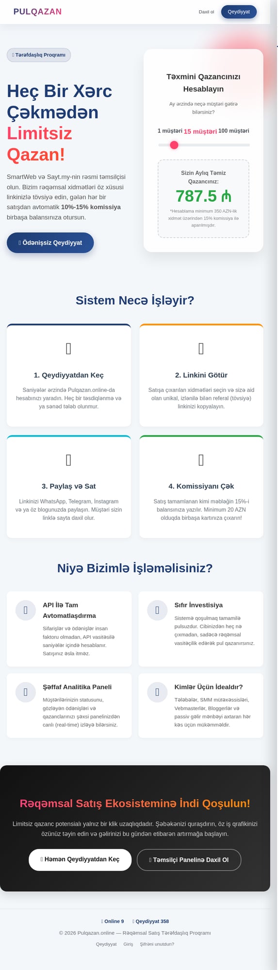 Pulqazan.online - Satış Təmsilçisi Platforması - MySmartWeb tərəfindən hazırlanmış layihə